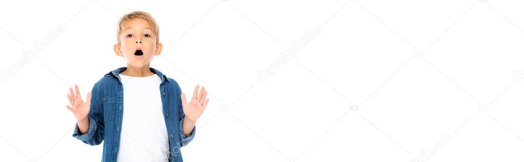 Excited kid looking at camera isolated on white, banner 