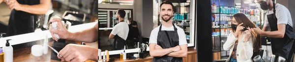 Collage Hairdresser Disinfecting Scissors Standing Crossed Arms Touching Hair Client — Stock Photo, Image