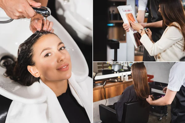 collage of barber washing hair of woman, cutting her hair and showing hair colors palette