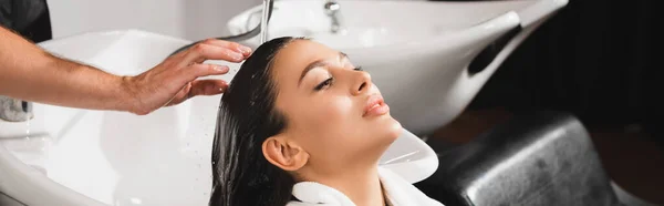 Peluquero Lavando Cabello Mujer Joven Barbería Bandera — Foto de Stock