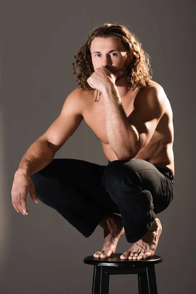 Pensive Sexy Shirtless Man Long Hair Posing Dark Background — Stock Photo, Image
