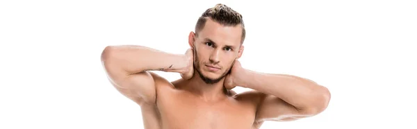 Sexy Hemdloser Mann Posiert Isoliert Auf Weißem Banner — Stockfoto