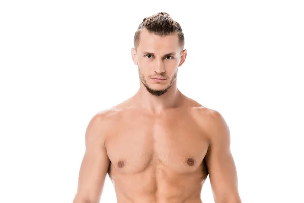 Sexy Shirtless Man Posing Isolated White — Stock Photo, Image