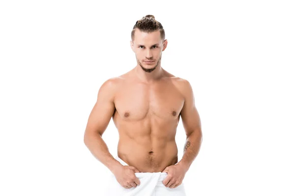 Sexy Shirtless Homem Toalha Posando Isolado Branco — Fotografia de Stock