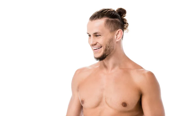 Smiling Sexy Shirtless Man Posing Isolated White — Stock Photo, Image