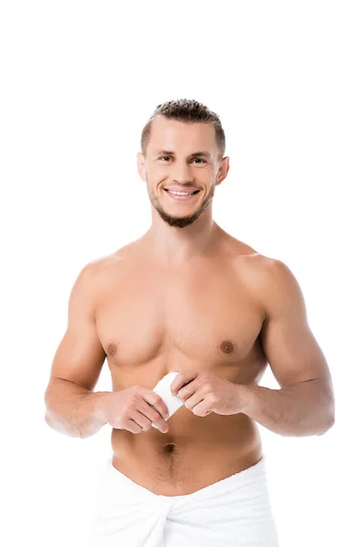 Sonriente Sexy Hombre Sin Camisa Con Desodorante Aislado Blanco —  Fotos de Stock