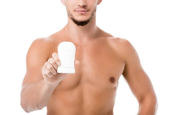 Oříznutý Pohled Sexy Muže Bez Trička Deodorantem Izolovaným Bílém — Stock fotografie
