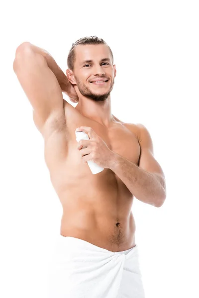 Happy Sexy Shirtless Man Using Deodorant Isolated White — Stock Photo, Image