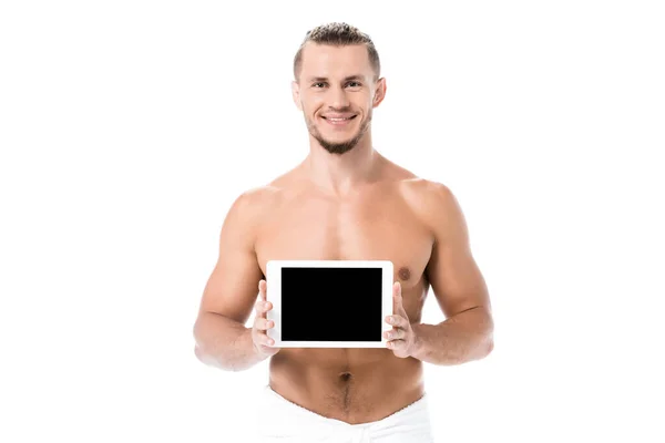 Smiling Sexy Shirtless Man Towel Presenting Digital Tablet Isolated White — Stock Photo, Image