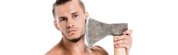 Sexy Shirtless Man Shaving Isolated White Banner — Stock Photo, Image