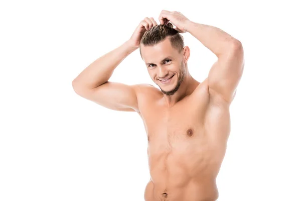 Sexy Hemdlosen Mann Handtuch Posiert Isoliert Auf Weiß — Stockfoto