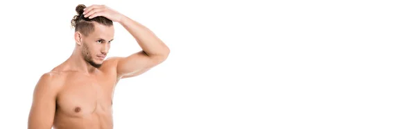 Sexy Shirtless Man Posing Isolated White Banner — Stock Photo, Image