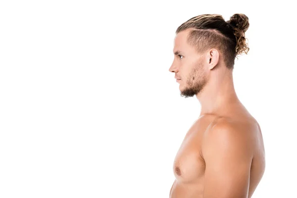 Side View Sexy Shirtless Man Posing Isolated White — Stock Photo, Image