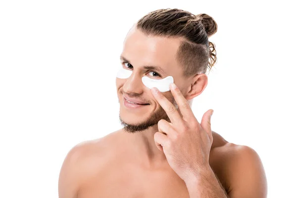 Gülümseyen Seksi Gömleksiz Erkek Göz Bantları Beyazlar Üzerinde Izole Edilmiş — Stok fotoğraf