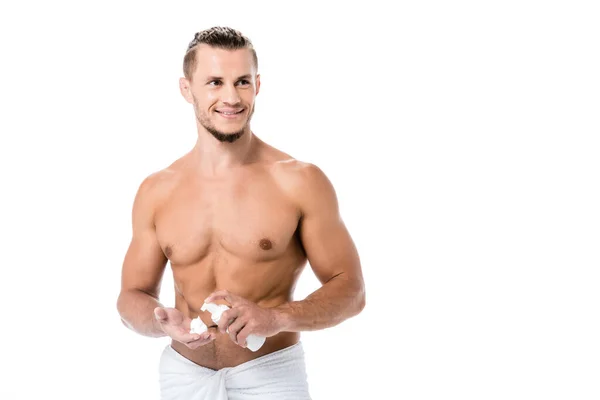 Sexy Hemdlosen Mann Anwendung Schaum Auf Der Hand Isoliert Auf — Stockfoto