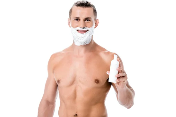 Smiling Sexy Shirtless Man Holding Shaving Foam Isolated White — Stock Photo, Image