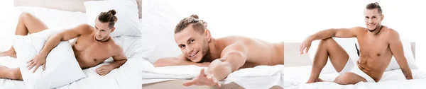 Collage Sexy Shirtless Man Posing Bed Isolated White Banner — Stock Photo, Image