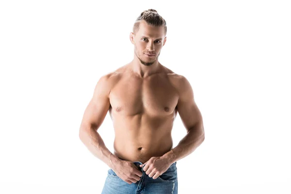 Sexy Shirtless Man Jeans Posing Isolated White — Stock Photo, Image