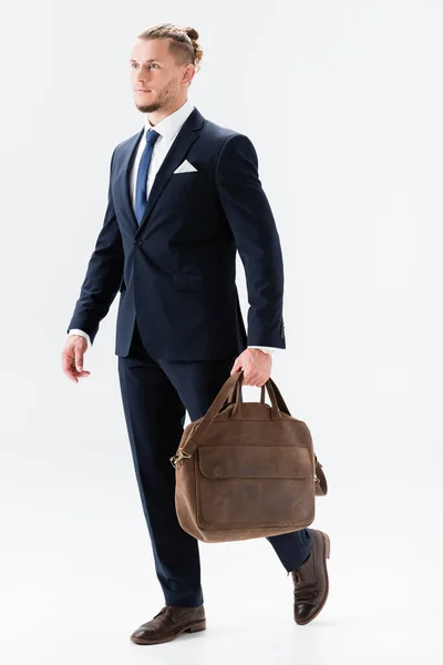 Young Businessman Suit Suitcase Isolated White — Stock Photo, Image