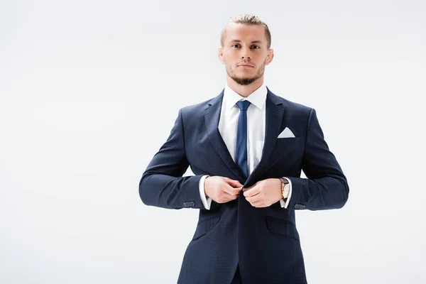 Young Businessman Suit Buttoning Blazer Isolated White — Stock Photo, Image