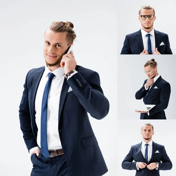 Collage Joven Hombre Negocios Traje Con Smartphone Portátil Aislado Blanco —  Fotos de Stock