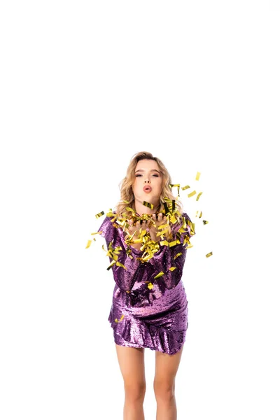 Happy Elegant Woman Sequin Dress Blowing Confetti Isolated White — Stock Photo, Image