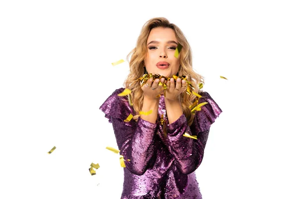 Mujer Elegante Feliz Vestido Lentejuelas Soplando Confeti Aislado Blanco — Foto de Stock