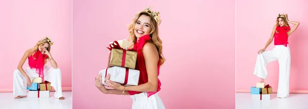 Collage Mujer Feliz Elegante Corona Con Regalos Sobre Fondo Rosa — Foto de Stock