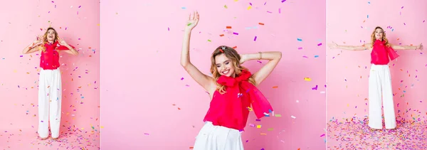 collage of elegant happy woman in crown under confetti on pink background, banner