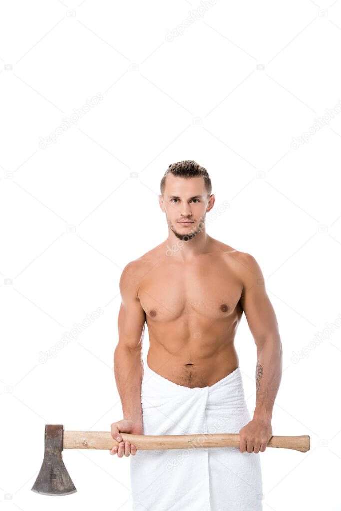 sexy shirtless man in towel posing with ax isolated on white