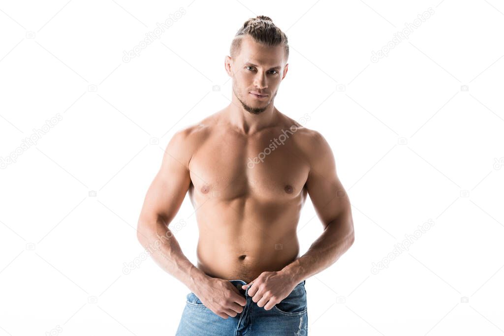 sexy shirtless man in jeans posing isolated on white