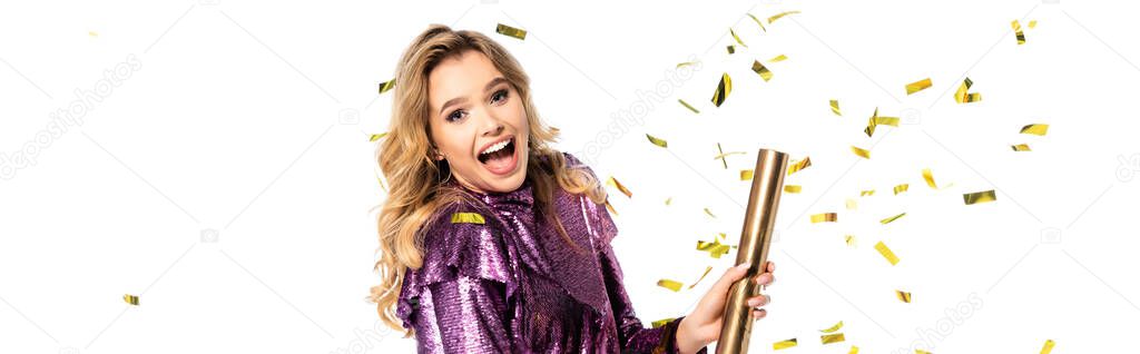 happy elegant woman in sequin dress with Party popper under falling confetti isolated on white, banner