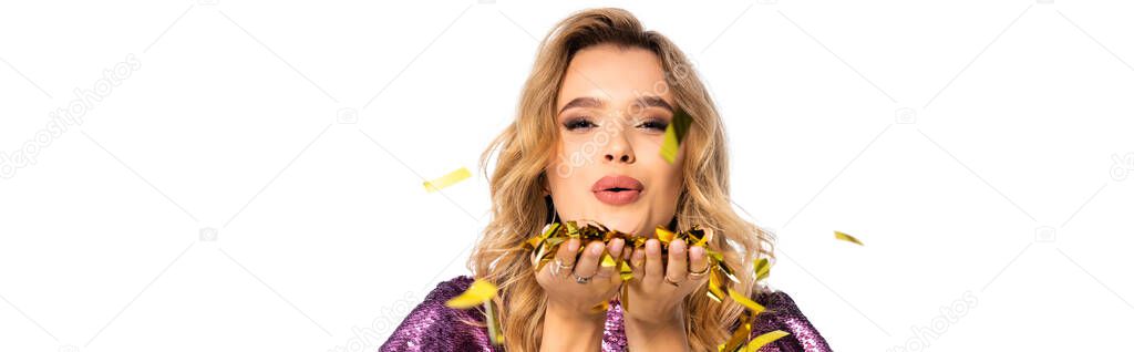 happy elegant woman in sequin dress blowing confetti isolated on white, banner