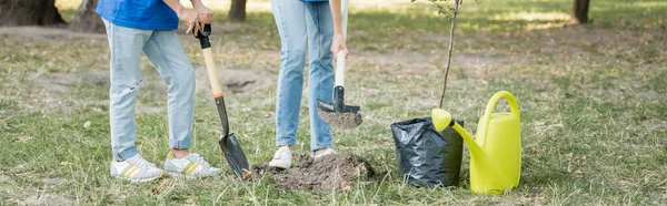 cropped view of couple digging ground near young tree and watering can, ecology concept, banner