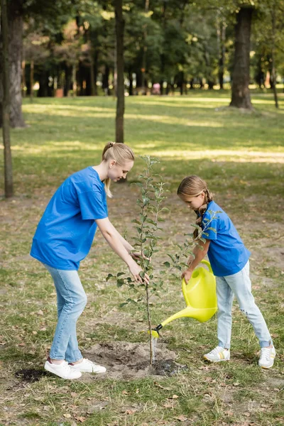 Side View Mother Daughter Planting Young Tree Park Ecology Concept — Stock Photo, Image