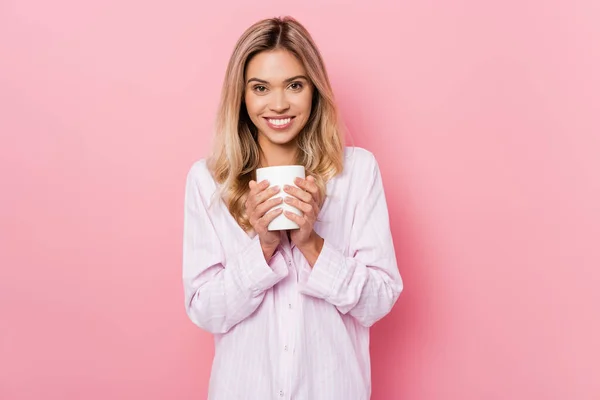 Cheerful Woman Pajamas Holding Cup Pink Background — Stock Photo, Image