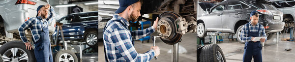 collage of mechanic repairing wheel hub, using digital tablet, and resting while leaning on wheel, banner