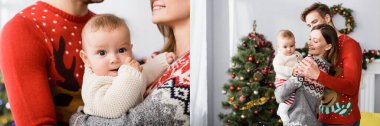 Noel ağacının yanında kollarını tutan mutlu ebeveynler kolajı.