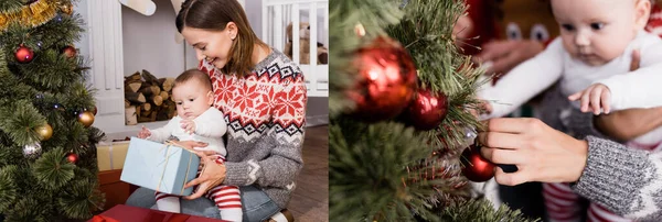 腕の赤ちゃんの男の子を保持し 装飾クリスマスツリーの近くに存在する笑顔の女性のコラージュ — ストック写真