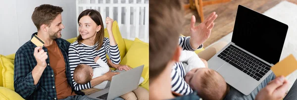 Collage Feliz Hombre Celebración Tarjeta Crédito Cerca Esposa Con Niño — Foto de Stock