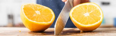 Close up view of halves of juicy orange near knife in hand of man on blurred background, banner  clipart
