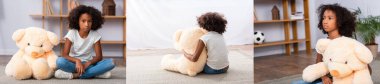 Depresyondaki Afrikalı Amerikalı kız kolajı kameraya bakıyor, ofiste otururken oyuncak ayıya sarılıyor, pankart...