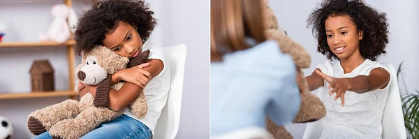 Collage African American Girl Taking Hugging Teddy Bear Consultation Psychologist — Stock Photo, Image