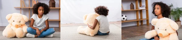 Colagem Menina Afro Americana Deprimida Olhando Para Câmera Abraçando Ursinho — Fotografia de Stock