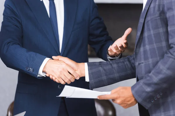 Cropped View African American Businessman Holding Documents Shaking Hands Colleague — Stock Photo, Image