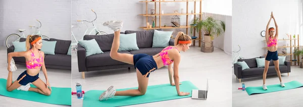 Collage of young blonde sportswoman exercising on fitness mat near laptop, dumbbell and sports bottle at home, banner