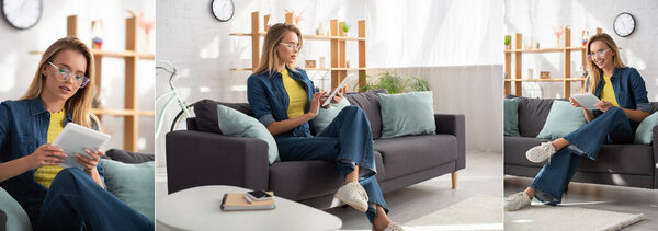 Collage of young blonde woman in eyeglasses using digital tablet while sitting on couch at home, banner