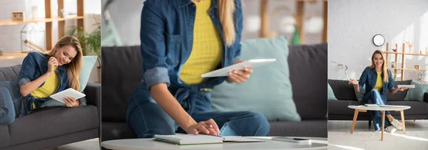 Collage Ung Blond Kvinna Med Digital Tablett Liggande Soffan Skriva — Stockfoto