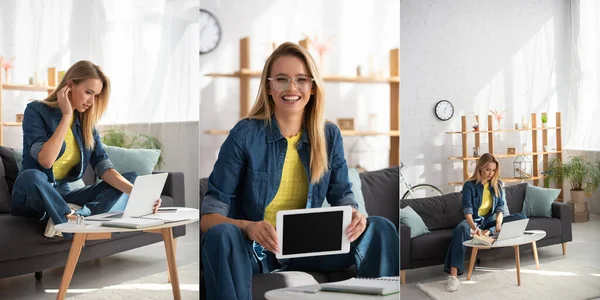 Collage Young Blonde Woman Showing Digital Tablet Looking Laptop While — Stock Photo, Image