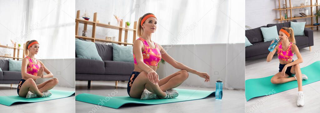 Collage of young sportswoman with crossed legs sitting on fitness mat and drinking water on blurred background, banner